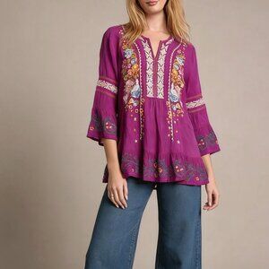 NWOT Johnny Was Embroidered Long sleeve Purple Ruffles Tunic Blouse Size S